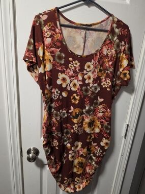 Floral Scoop Neck Tunic - Burgundy with Mustard & Olive